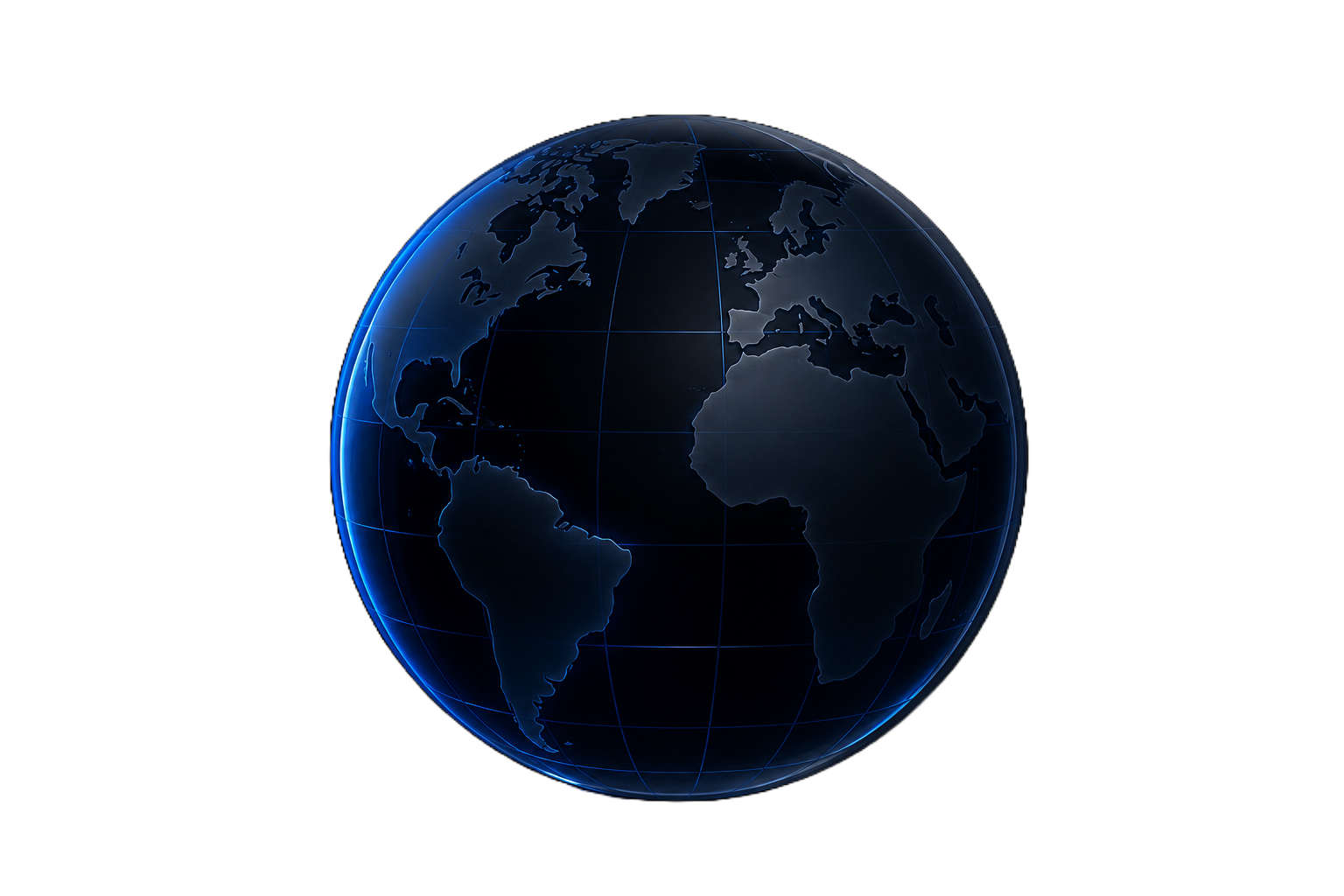 A dark glass globe illuminated with blue edge light