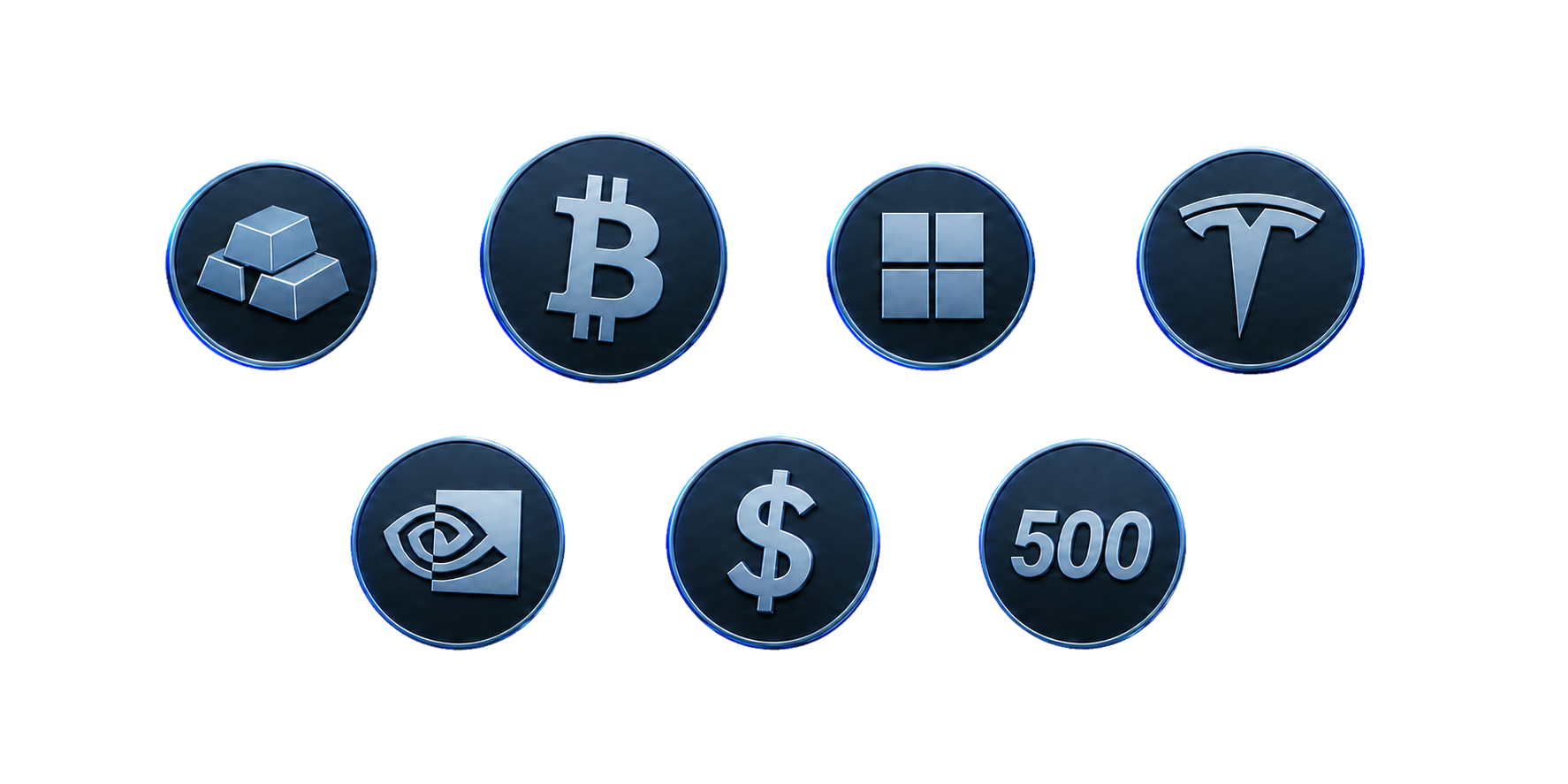 Bitcoin, Microsoft, NVIDIA, gold, Tesla, dollar, and US 500 market icons