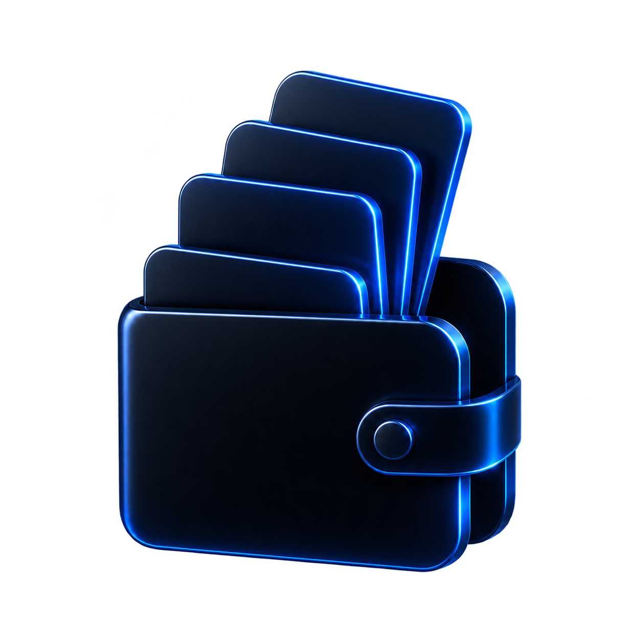 A dark glass wallet holding four payout cards with blue edge lighting