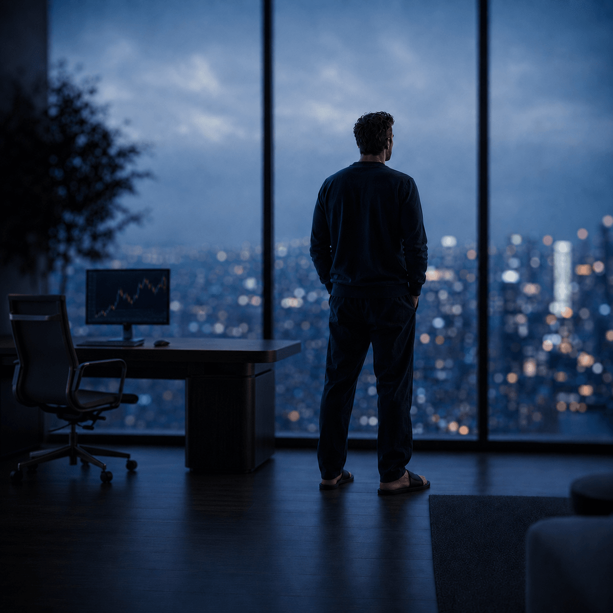 A trader overlooking a city from a trading office at night