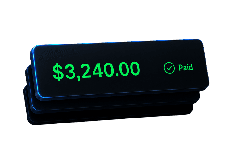 A glass payout card showing $3,240 marked as paid