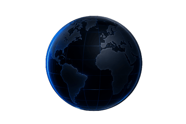 A dark glass globe illuminated with blue edge light