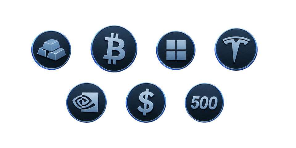 Bitcoin, Microsoft, NVIDIA, gold, Tesla, dollar, and US 500 market icons