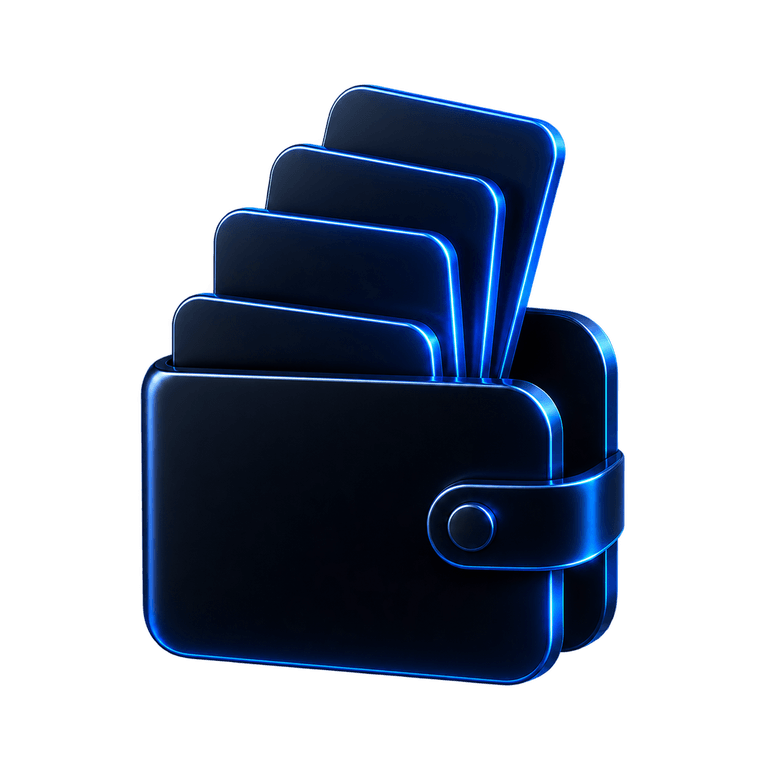 A dark glass wallet holding four payout cards with blue edge lighting