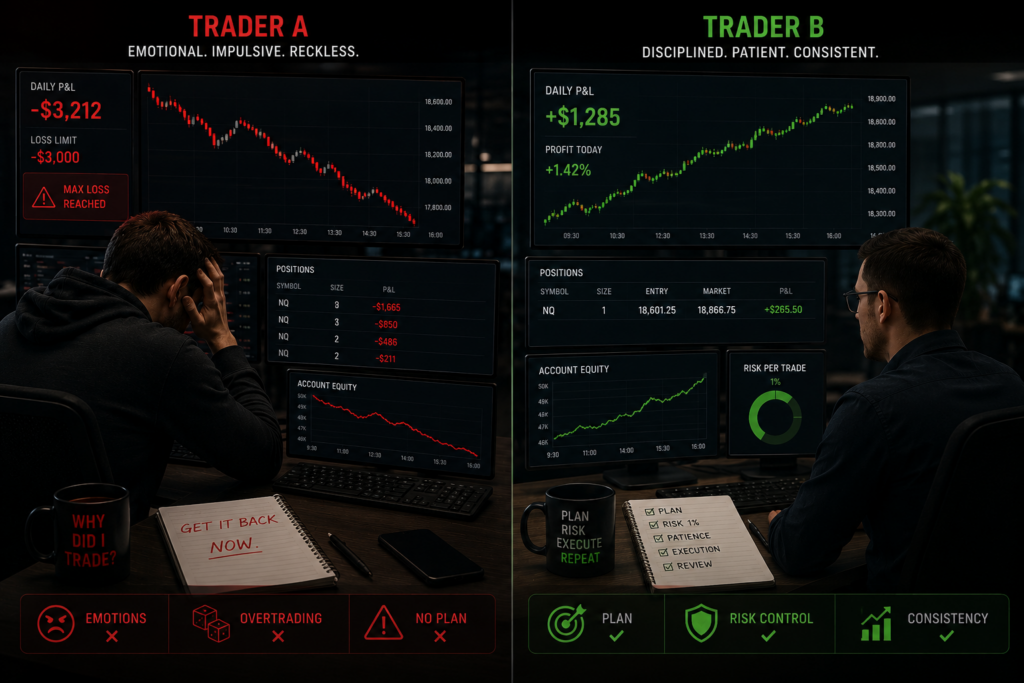 How to Protect Your Funded Account From the Max Daily Loss Prop Firm Rule 4 max daily loss rule comparison between revenge trading and disciplined risk management in a prop firm