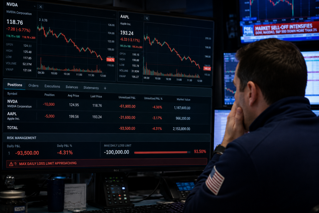 How to Protect Your Funded Account From the Max Daily Loss Prop Firm Rule 2 stock trader approaching max daily loss limit while trading NVDA and AAPL inside a prop firm account