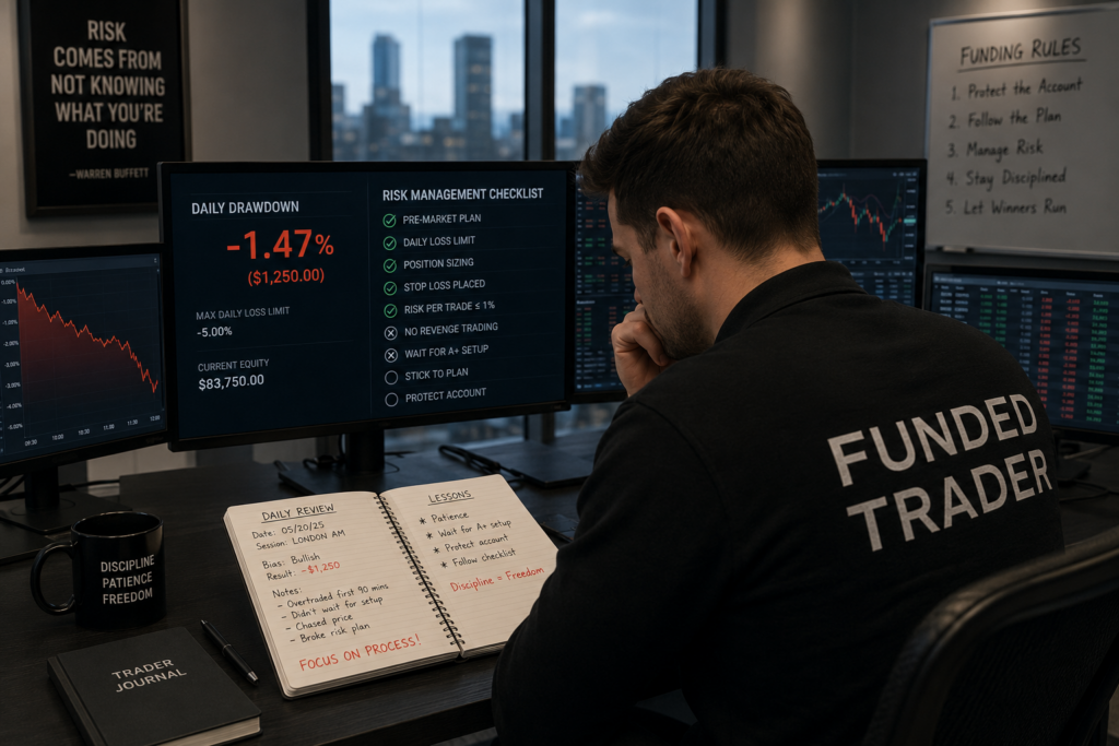 How to Protect Your Funded Account From the Max Daily Loss Prop Firm Rule 3 funded trader managing drawdown and protecting account after losing trading session