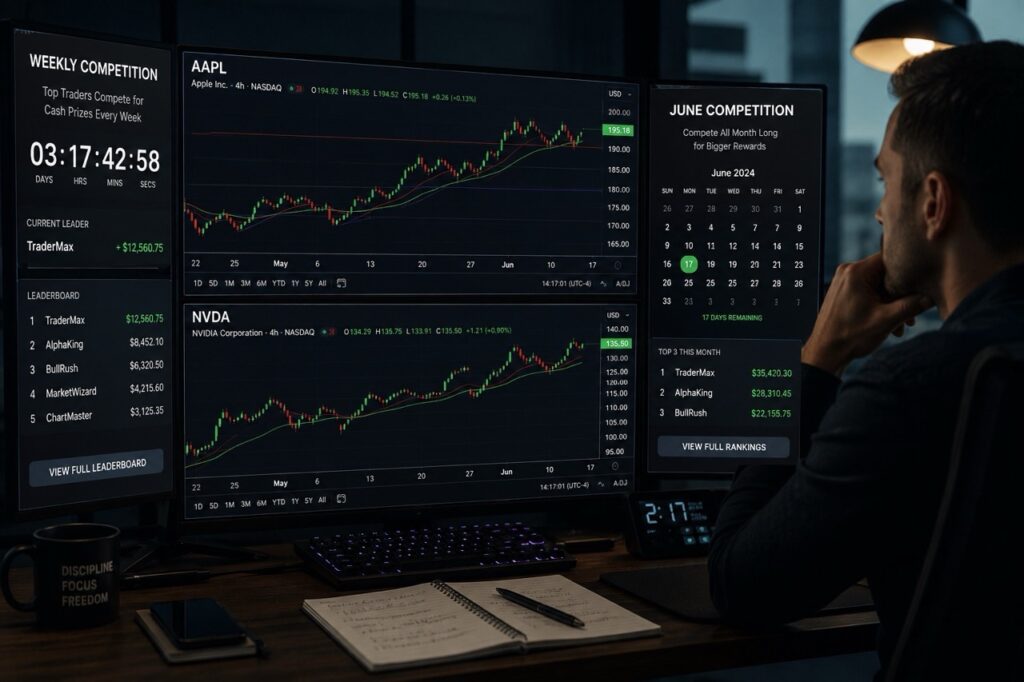 Monthly vs Weekly Prop Firm Competition: Which One Should You Enter? 3 stock trader comparing NVDA and AAPL setups in weekly and monthly prop firm competitions