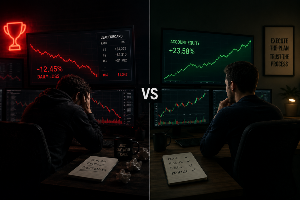 How to Trade Stocks in a Prop Firm Competition (A Practical Guide) 4 disciplined stock trader versus overtrading competitor in a prop firm competition