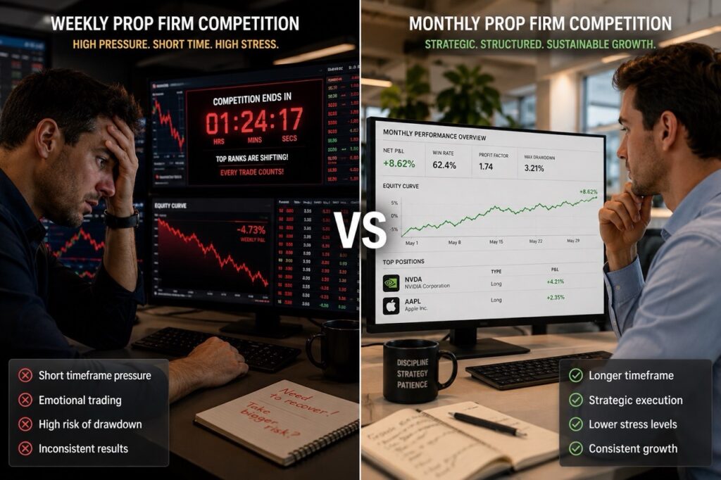 Monthly vs Weekly Prop Firm Competition: Which One Should You Enter? 4 monthly vs weekly prop firm competition comparison for stock traders trading NVDA and AAPL