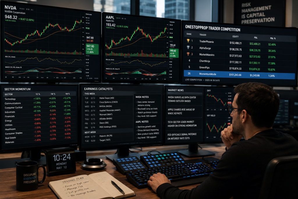 How to Trade Stocks in a Prop Firm Competition (A Practical Guide) 2 stock trader analyzing NVDA and AAPL while climbing a prop firm competition leaderboard