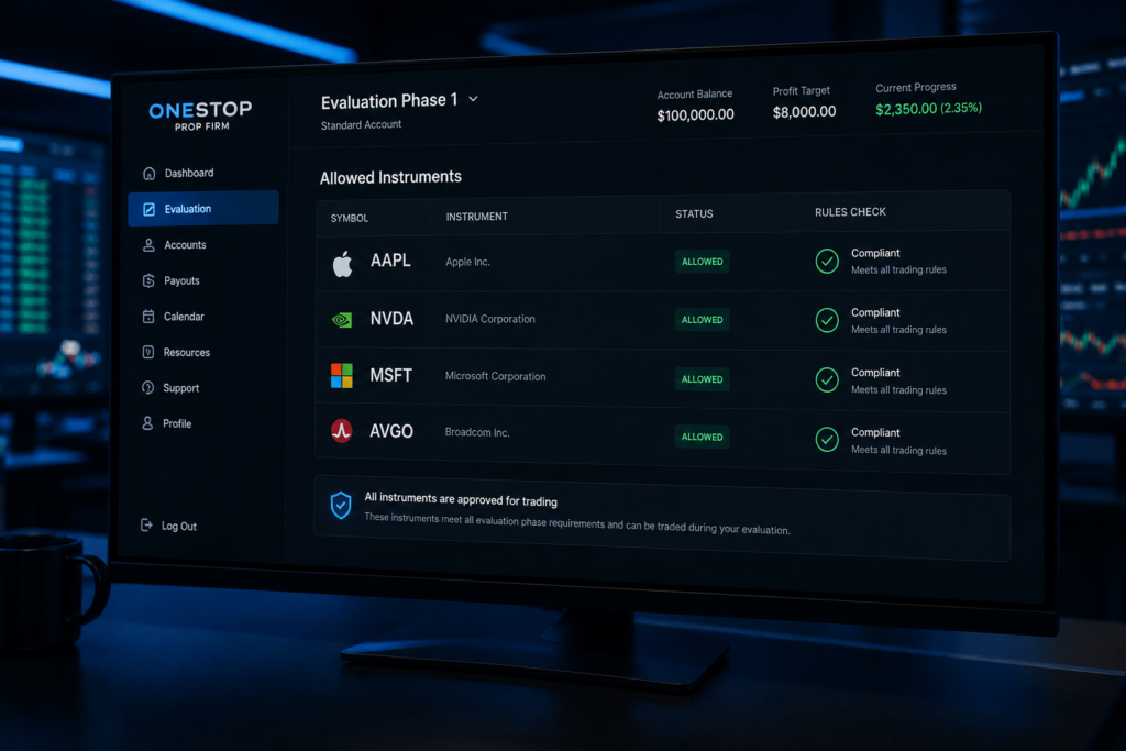 Top Prop Firms for Stock Traders in 2026: The Real Short List 3 Stock market trading platform showing available stock instruments including AAPL, NVDA, and MSFT for prop firm evaluation