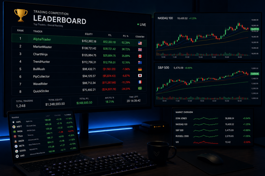 Free Prop Firm Challenge: What They Are and What You Give Up 2 free prop firm challenges trading competition leaderboard - OneStopProp blog cover with candlestick chart background