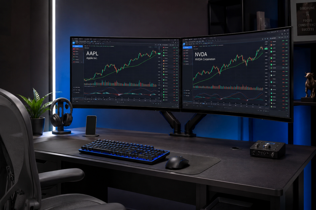 Top Prop Firms for Stock Traders in 2026: The Real Short List 2 Professional prop trading workstation with AAPL and NVDA candlestick charts on dual monitors in a dark modern office