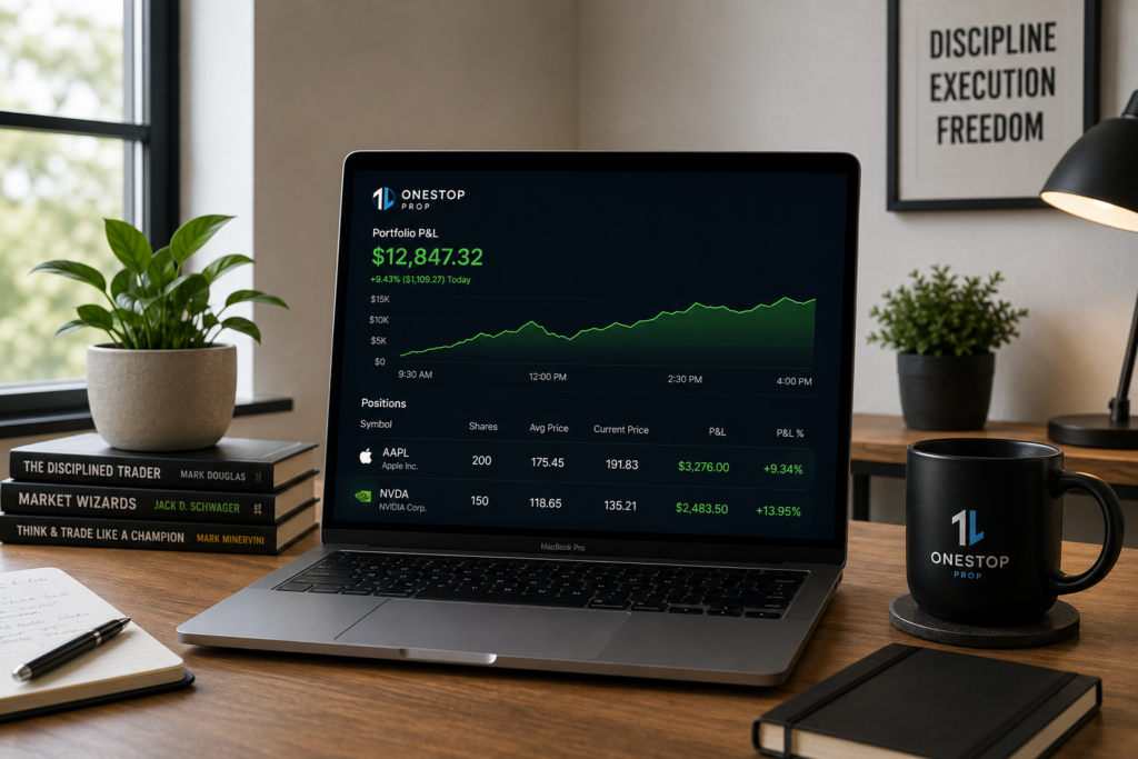 Top Prop Firms for Stock Traders in 2026: The Real Short List 4 Modern trading desk with laptop showing green stock portfolio profits from AAPL and NVDA positions in a funded account