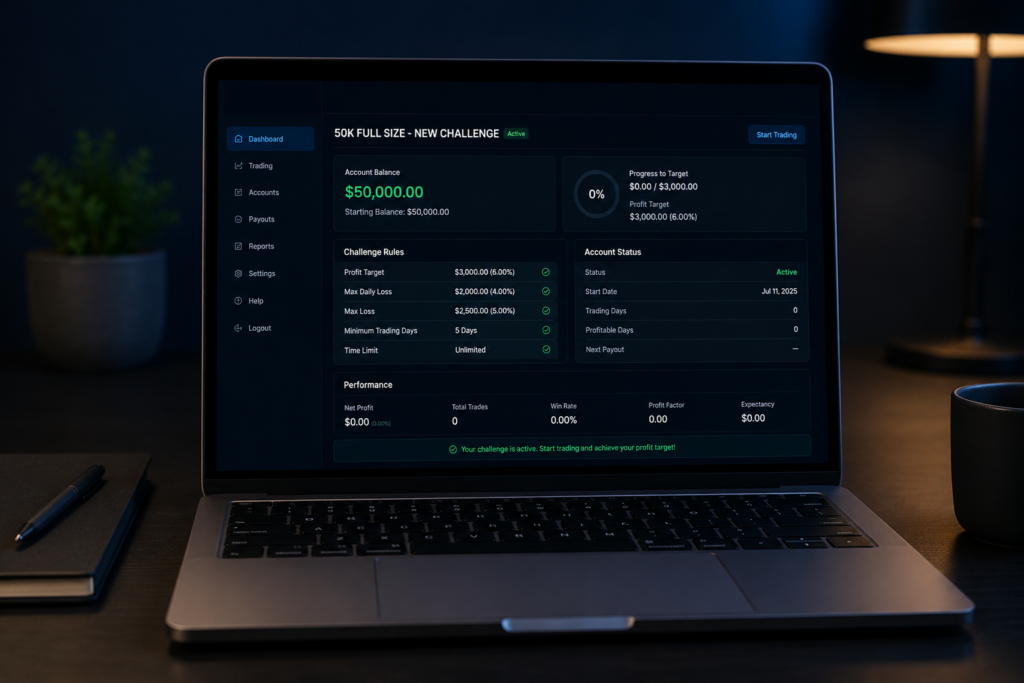 What Happens If You Fail a Prop Firm Challenge? 4 starting fresh after failing a prop firm challenge - new challenge account dashboard - OneStopProp blog cover with candlestick chart background