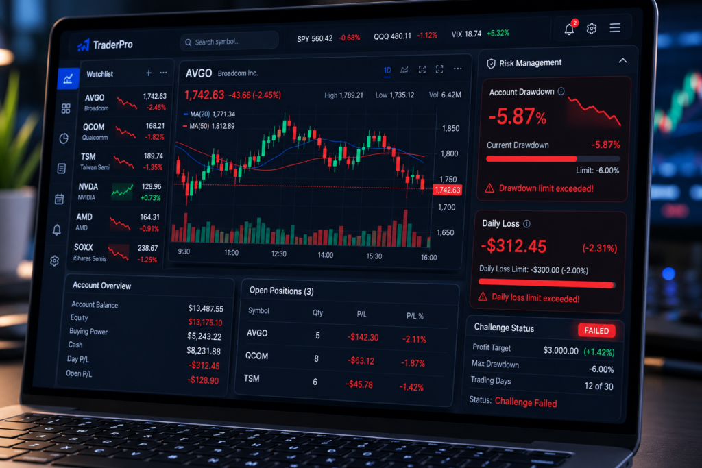 What Happens If You Fail a Prop Firm Challenge? 3 prop firm challenge failed - trading platform showing drawdown limits and daily loss settings - OneStopProp blog cover with candlestick chart background