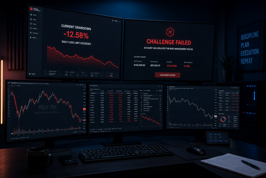 What Happens If You Fail a Prop Firm Challenge? 2 what happens if you fail a prop firm challenge - trading workstation with red drawdown chart - OneStopProp blog cover with candlestick chart background