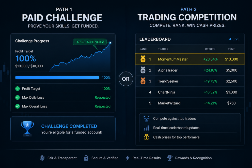 Free Prop Firm Challenge: What They Are and What You Give Up 3 free prop firm competition path versus paid challenge path comparison - OneStopProp blog cover with candlestick chart background